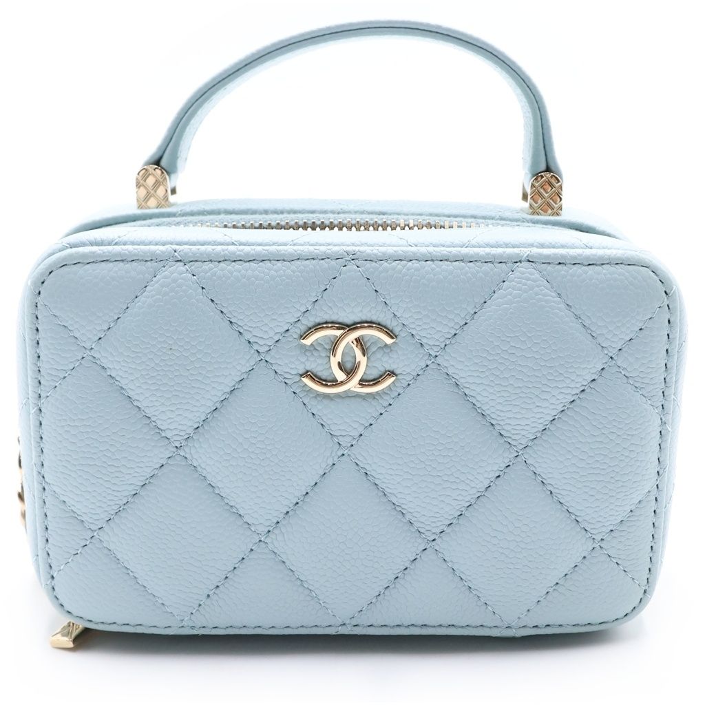 CHANEL (シャネル) マトラッセ ヴァニティ チェーンショルダーバッグ ゴールド金具 キャビアスキン ライトブルー AP2634