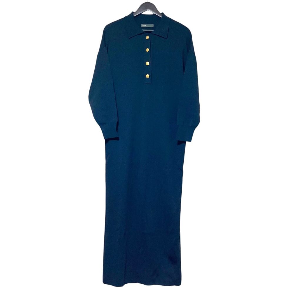 美品 25AW NOBLE ノーブル 長袖 ロング丈 マキシ丈 ポロシャツニットワンピース 25040240512040 サイズ38 ネイビー レディース 古着 中古 USED