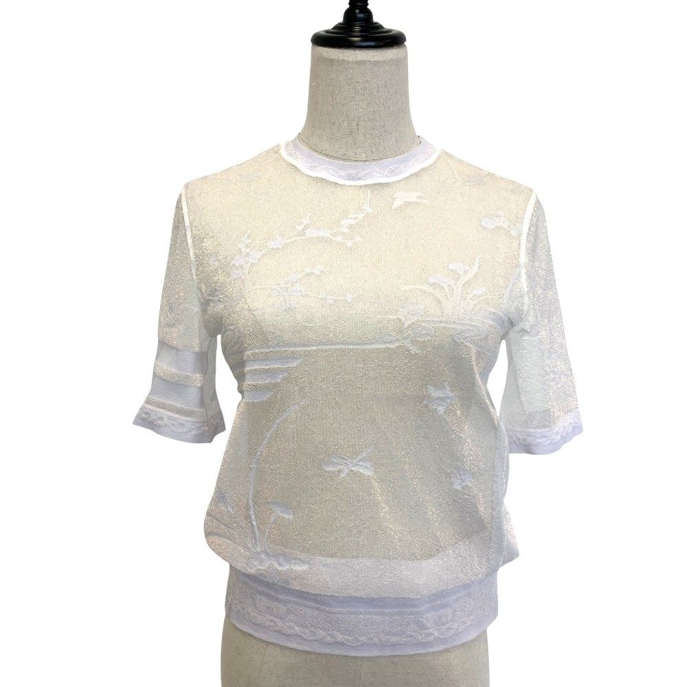 良品 25SS Mame Kurogouchi マメクロゴウチ Nature Pattern Sheer Knitted Crew Neck Top ニットカットソー サイズ1 パープル レディース 古着 中古 USED