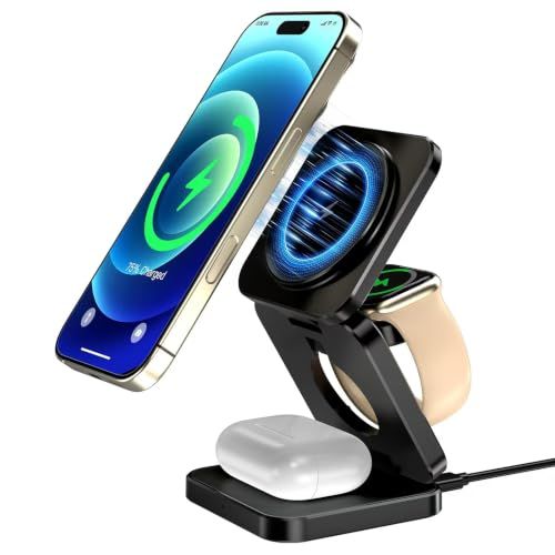 Niceden ワイヤレス充電器 3-in-1 マグネット式 折り畳み式 Qi対応 急速充電 5W/7.5W/10W/15W対応iPhone16/15/14/13/12/iWatch Ultra2/Ultra/SE/10/9/8/7/6/5/4/3/Airts