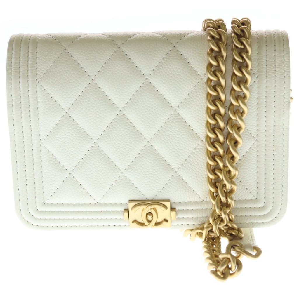 CHANEL (シャネル) ボーイシャネル W15.5 ミニチェーンショルダーバッグ ウォレット ホワイト キャビアスキン ゴールド金具