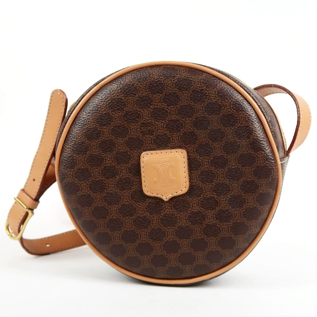 【超美品】CELINE セリーヌ マカダム 丸型 ショルダーバッグ ブラウン系【OA58】