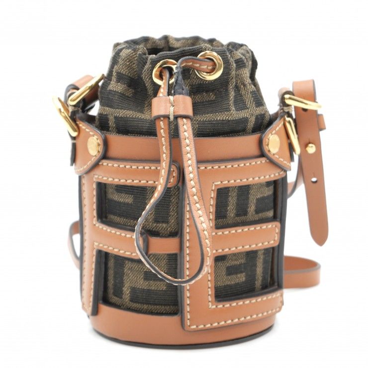 FENDI（フェンディ）ナノ ステップアウト バケットバッグ ズッカ柄 ショルダーバッグ ブラウン キャンバス レザー ゴールド金具 レディース 7AS189【中古】