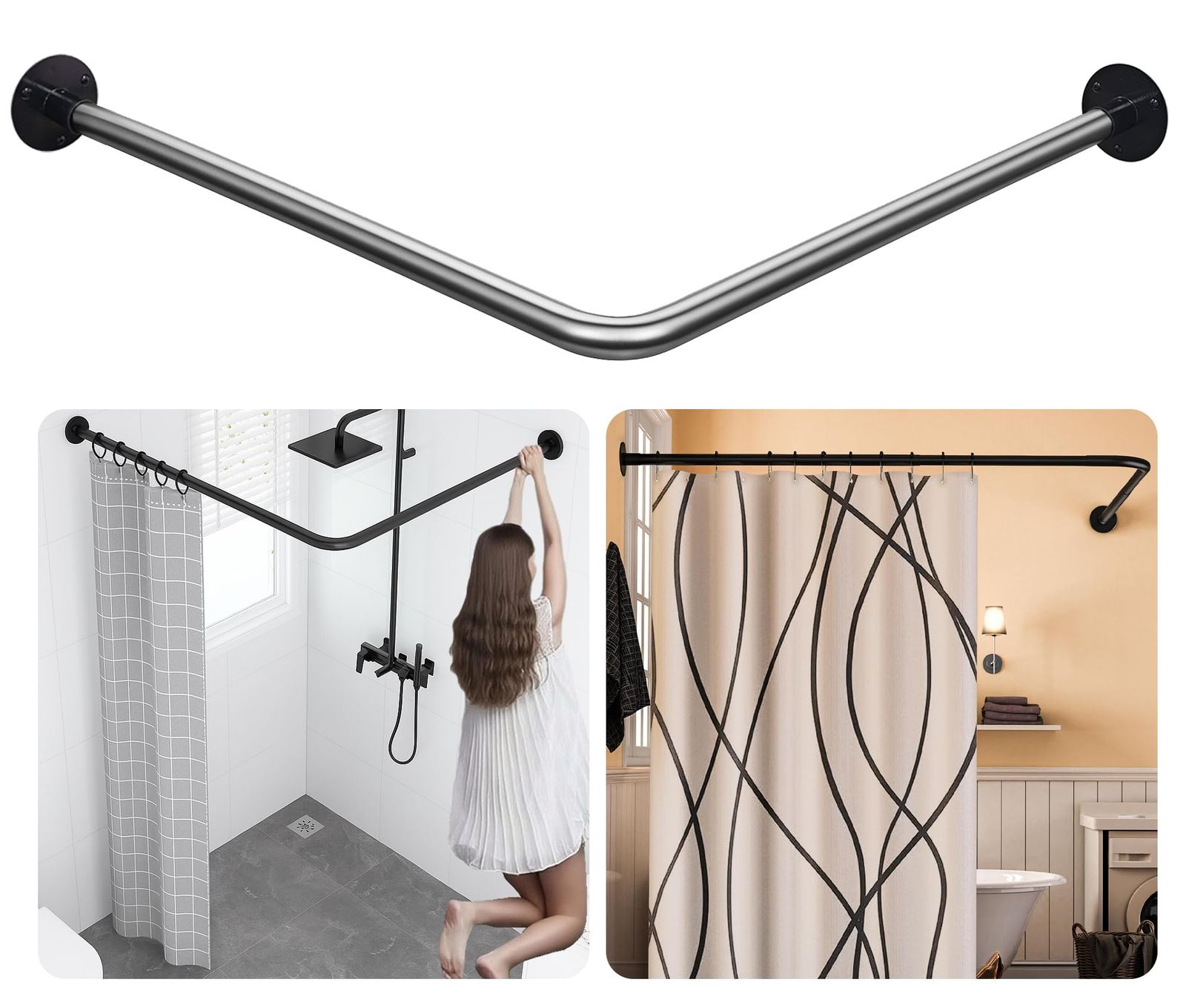 L字型コーナーシャワーカーテンロッド、「60-133 cm x 60-133 cm」。調節可能、たるみなし、ドリル不要で取り付け可能。304ステンレススチール90度カーブロッド。最大サイズ60-133 cm x 140-175 cm。フック1 a8354a63