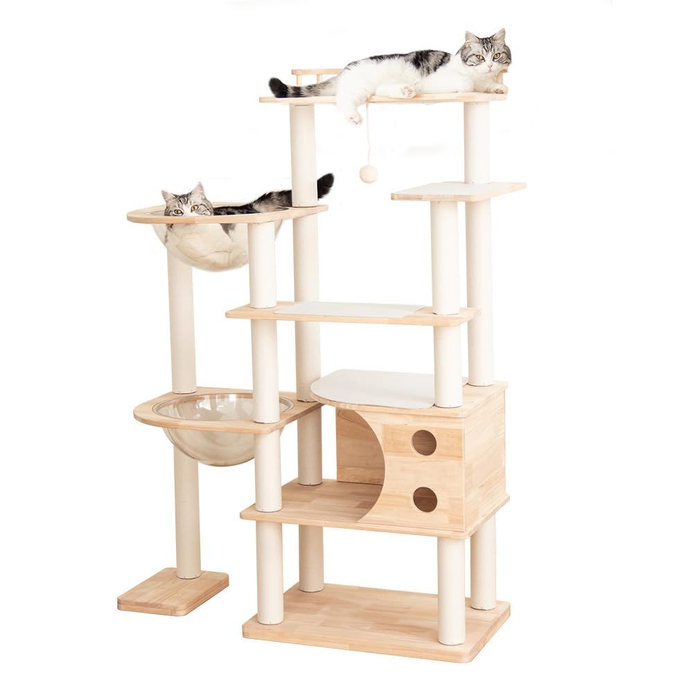 ★新品★【なになにLife】 キャットタワー 木製 高さ140cm 大型猫 据え置き 大型 おしゃれ ワイドタイプ 多頭飼い 高級 豪華 スリム 猫タワー 大きめ宇宙船 中型 猫 爪研ぎポール 見晴台付き 天然麻紐 キャットツリー 宇宙船2個 ad050c0d