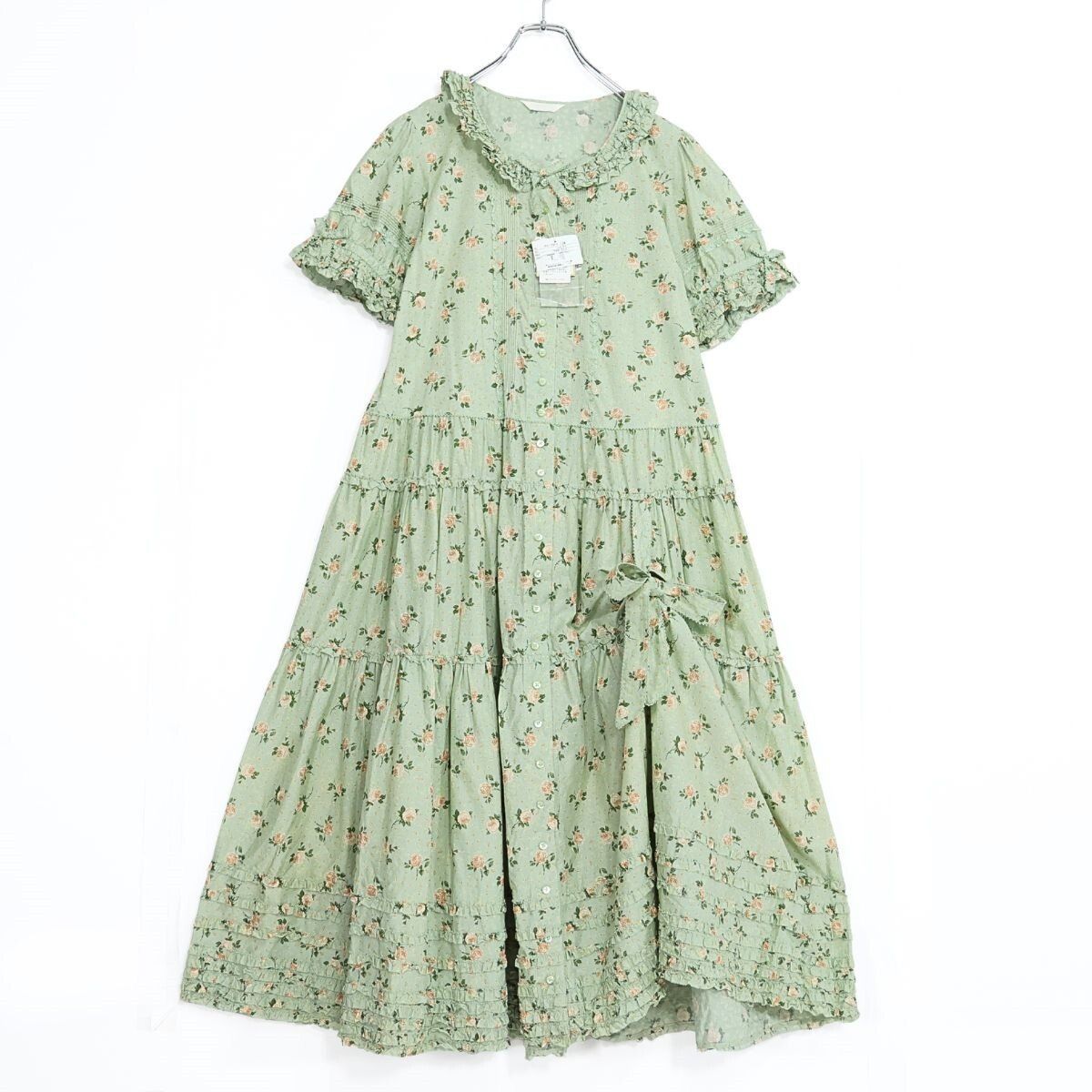 【極美品・紙タグ有】ピンクハウス★ブロッサムローズpt♪可愛いロング丈ワンピース たくし上げ ハッカ系 前開き 身幅お直し 残布有 z21377