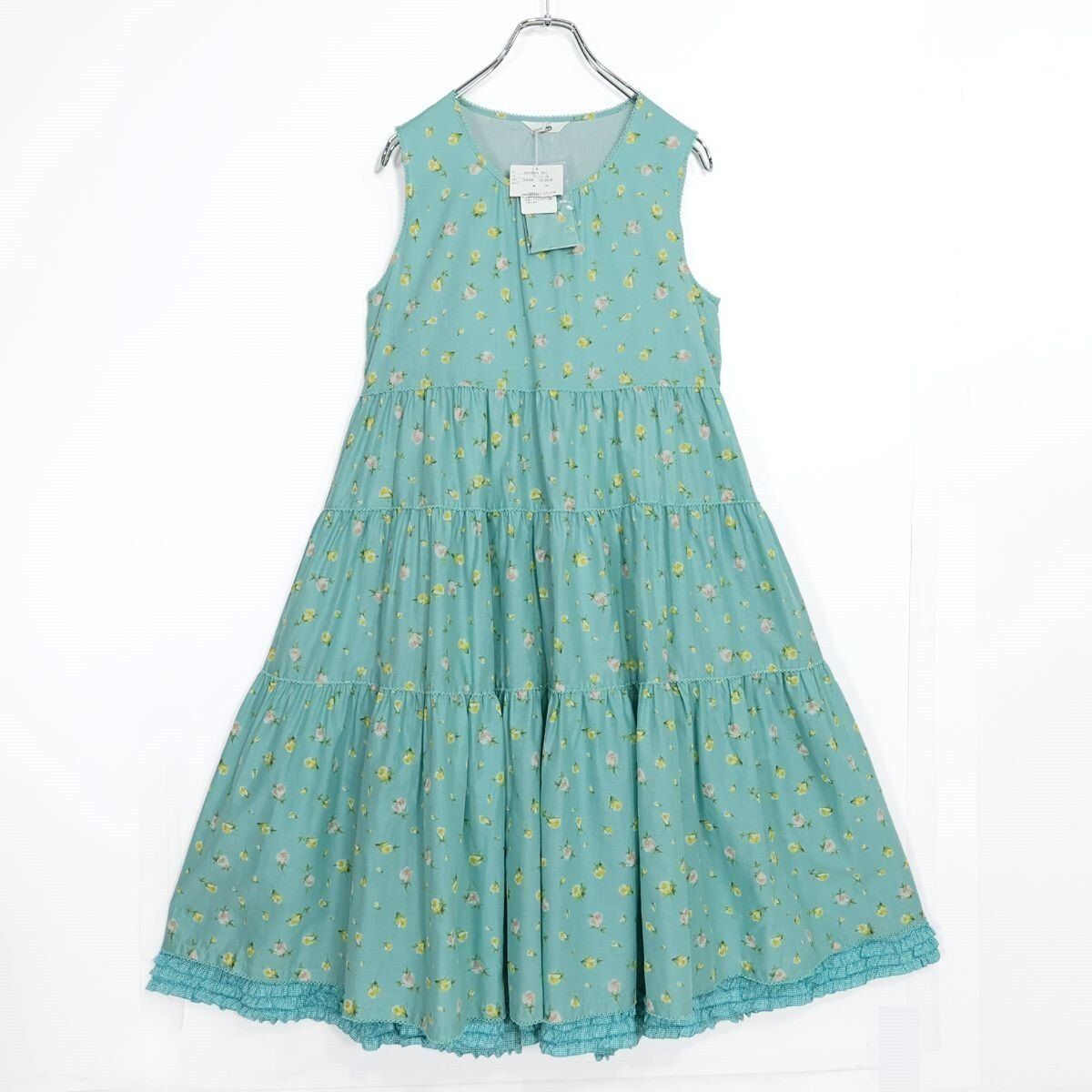 【極美品紙タグ有】ピンクハウス★爽やかカラーと薔薇のつぼみpt♪ローンワンピース 裾段々フリル・ふんわりフォルム 青緑系 z21367