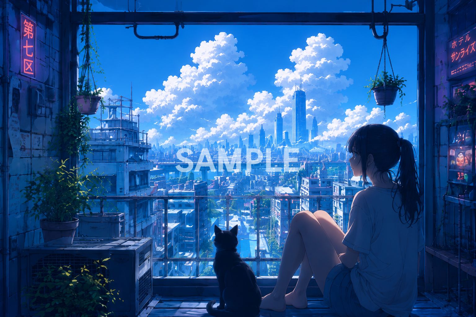 739 2Lサイズ アニメ風イラスト「第七区の夏」 猫と少女 未来都市 青空