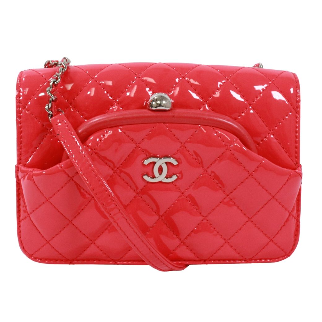 CHANEL シャネル がま口 キルティング チェーンショルダー ショルダーバッグ パテントレザー ピンク【中古】 レディース