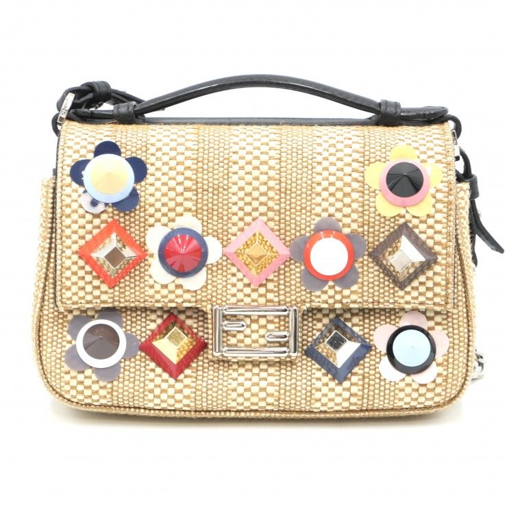 FENDI（フェンディ）ダブルマイクロバケット ショルダーバッグ ハンドバッグ 2WAY ラフィア風 フラワースタッズ ベージュ系 ブラック レディース 【中古】