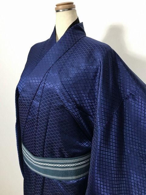 新品20％OFF/新品 Lサイズ 男物 色無地 化繊 菱の地紋 濃紺