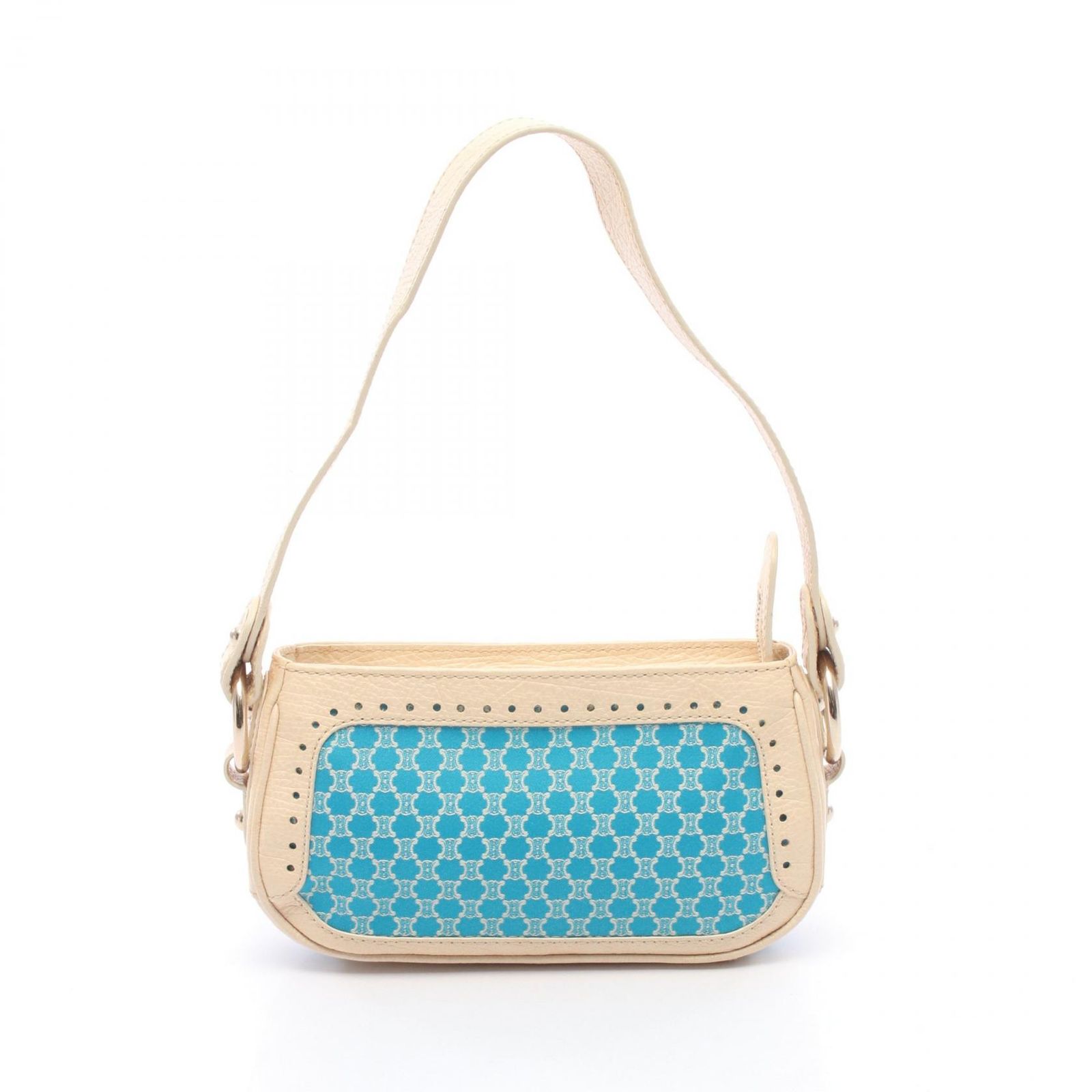 セリーヌ CELINE ショルダーバッグ マカダム ブルー/アイボリー キャンバス レザー マカダム ハンドバッグ レディース Used B