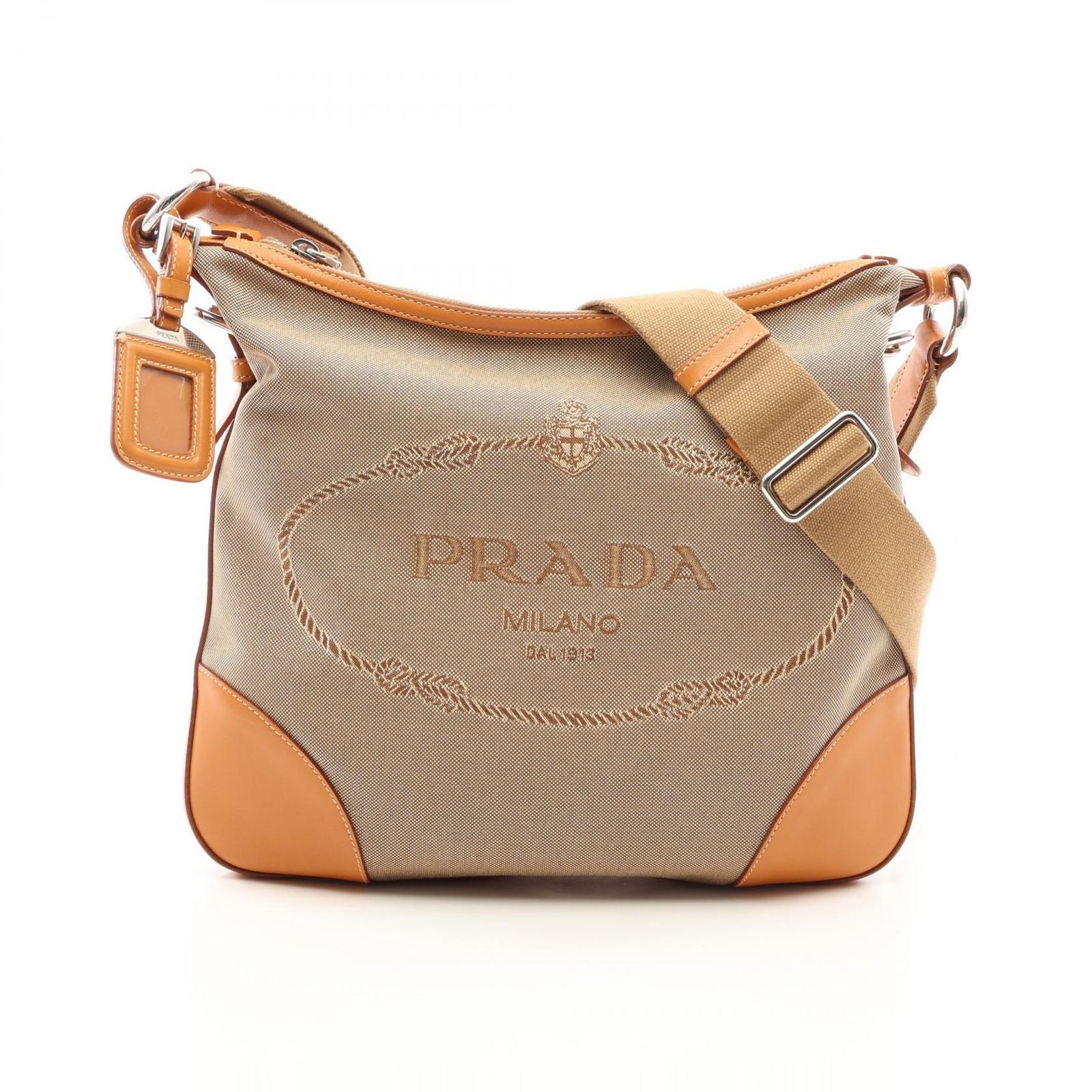 プラダ PRADA ショルダーバッグ LOGO JACQUARD ロゴジャガード ベージュ キャンバス レザー ロゴジャガード ショルダーバッグ レディース Used B