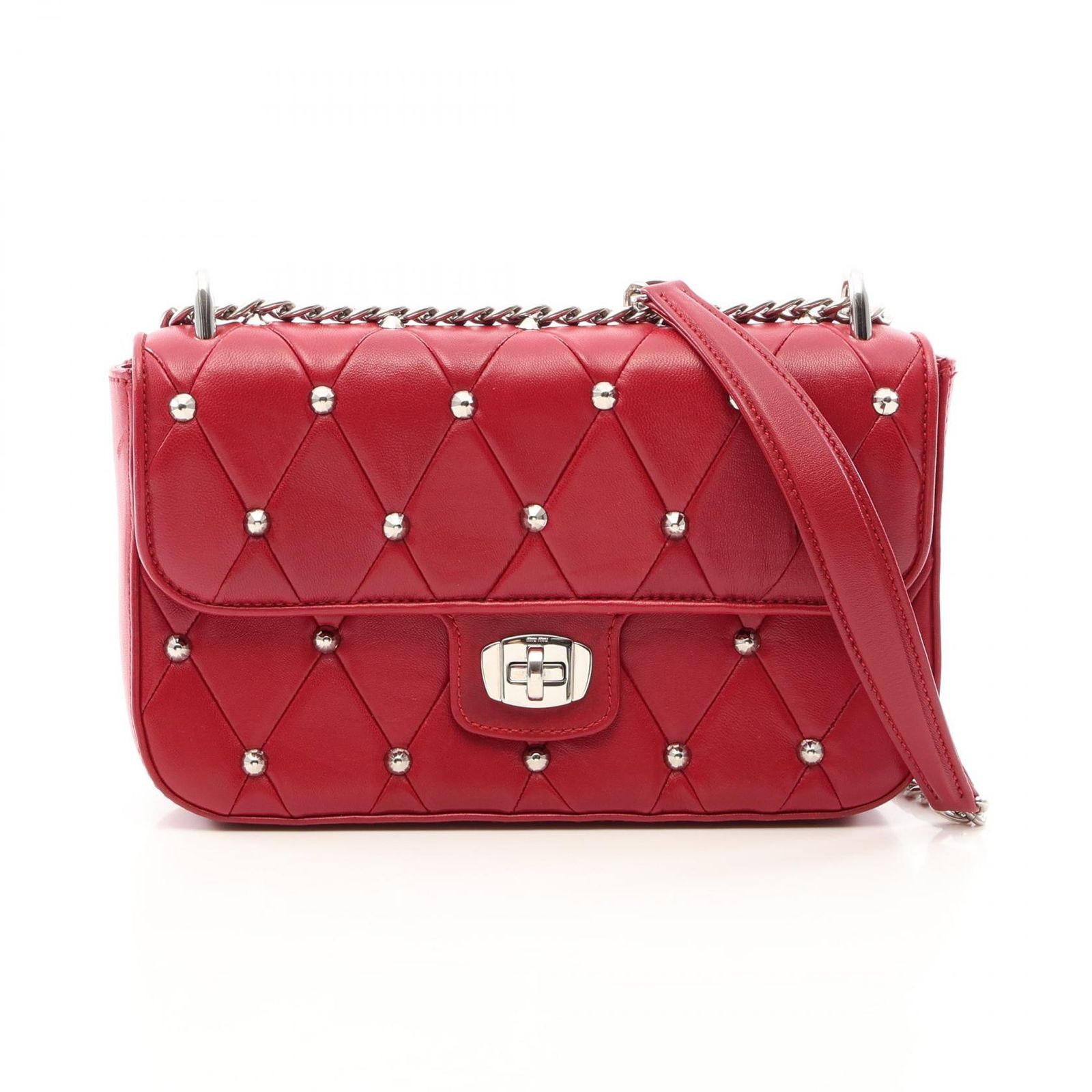 ミュウ ミュウ Miu Miu ショルダーバッグ キルティング スタッズ レッド レザー キルティング スタッズ チェーンショルダー レディース Used A