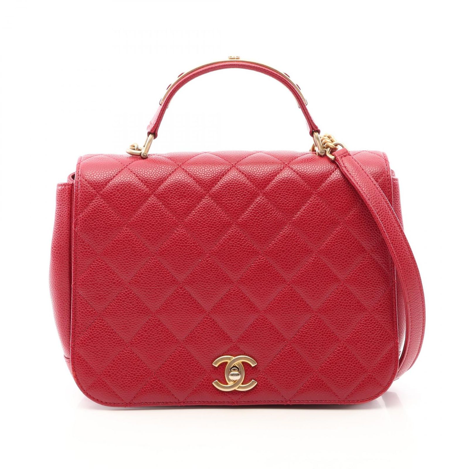 シャネル CHANEL ショルダーバッグ マトラッセ トップハンドル 2WAY レッド キャビアスキン(グレインドカーフ) マトラッセ トップハンドル フルフラップ チェーンショルダー