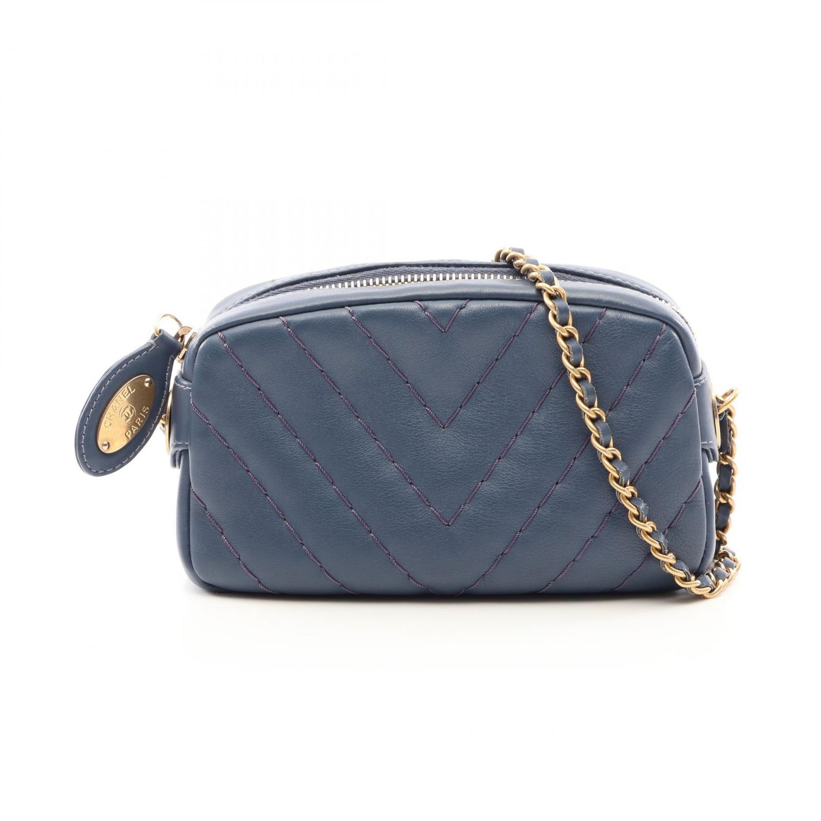 シャネル CHANEL ショルダーバッグ Vステッチ シェブロン スモークブルー レザー Vステッチ ミニ チェーンショルダー レディース Used B