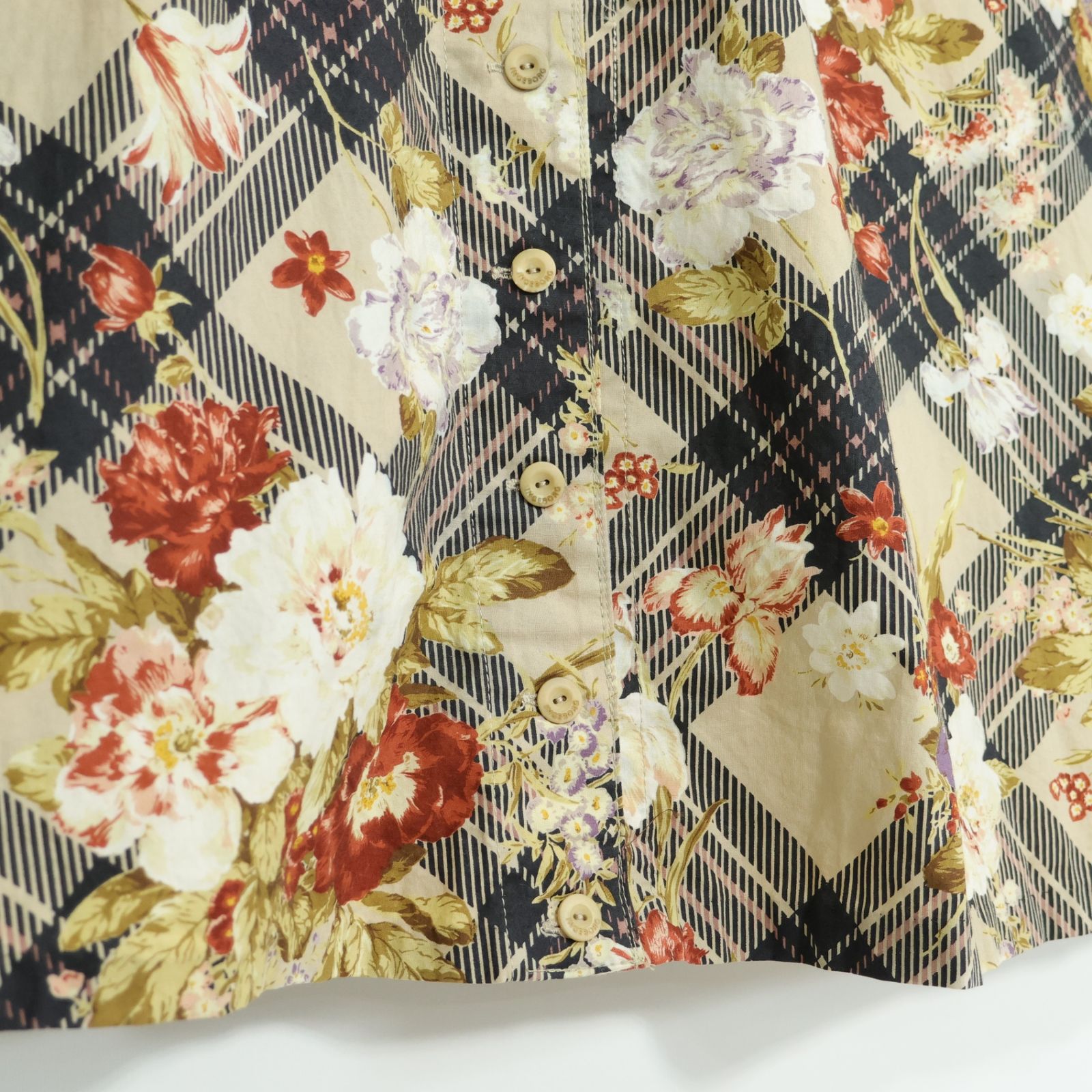 インゲボルグ☆チェック&お花pt♪半袖ワンピース ベージュ×黒系 前開き