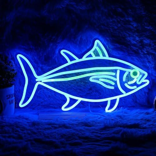 マグロネオンサイン ブルー グリーン 魚ネオンライトサイン 調光可能 LEDネオンライト ネオン看板 壁飾りライト寝室 リビングルーム レストラン オフィス装飾ライト 誕生日プレゼント(16.9 ''X9.6 ''), ネオン001 国内発送