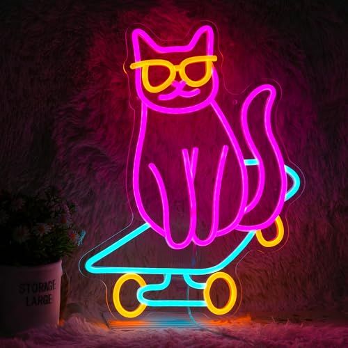 スケボー猫ネオンサイン かわいいメガネ猫LEDネオンライト 調光 動物ライトアップネオン看板 寝室装飾 ペットショップ アートウォール装飾ネオン管 ベッドルーム装飾ライト パーティー装飾プレゼント（マルチカラー）, ピンク＆黄色＆アイスブルー, ネオ 国内発送