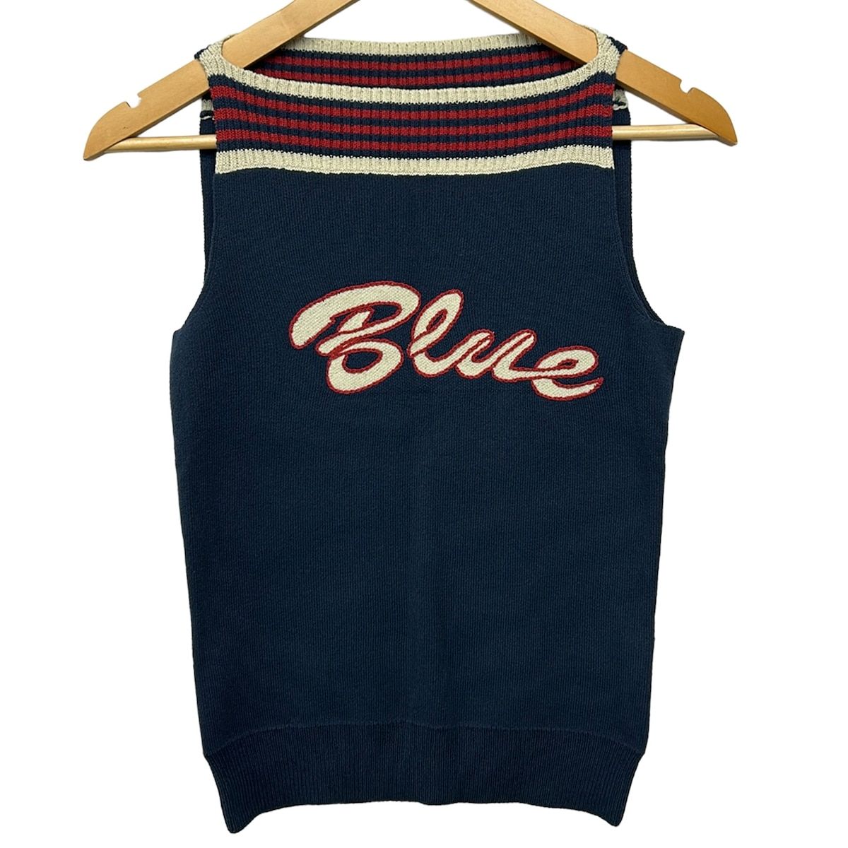 Burberry Blue Label(バーバリーブルーレーベル) ノースリーブセーター サイズ38 M レディース美品 - ダークネイビー×レッド×マルチ