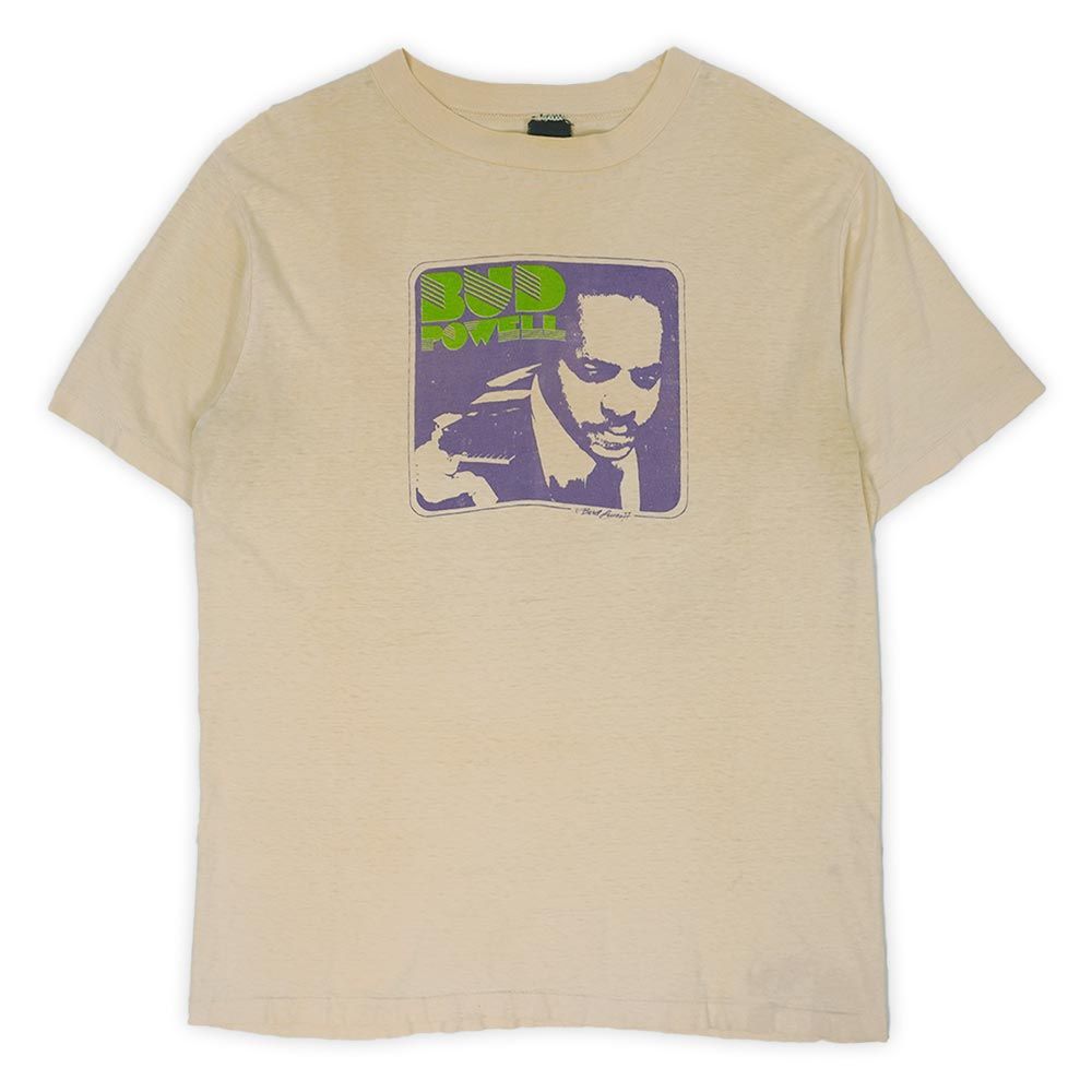 バド・パウエル BUD POWELL 70s 70年代 JAZZ ジャズプレイヤー 珍品 シングルステッチ 襤褸 ボロ USA ヴィンテージ アメリカ 古着 メンズ Tシャツ カットソー ベージュ L-XL相当【中古】
