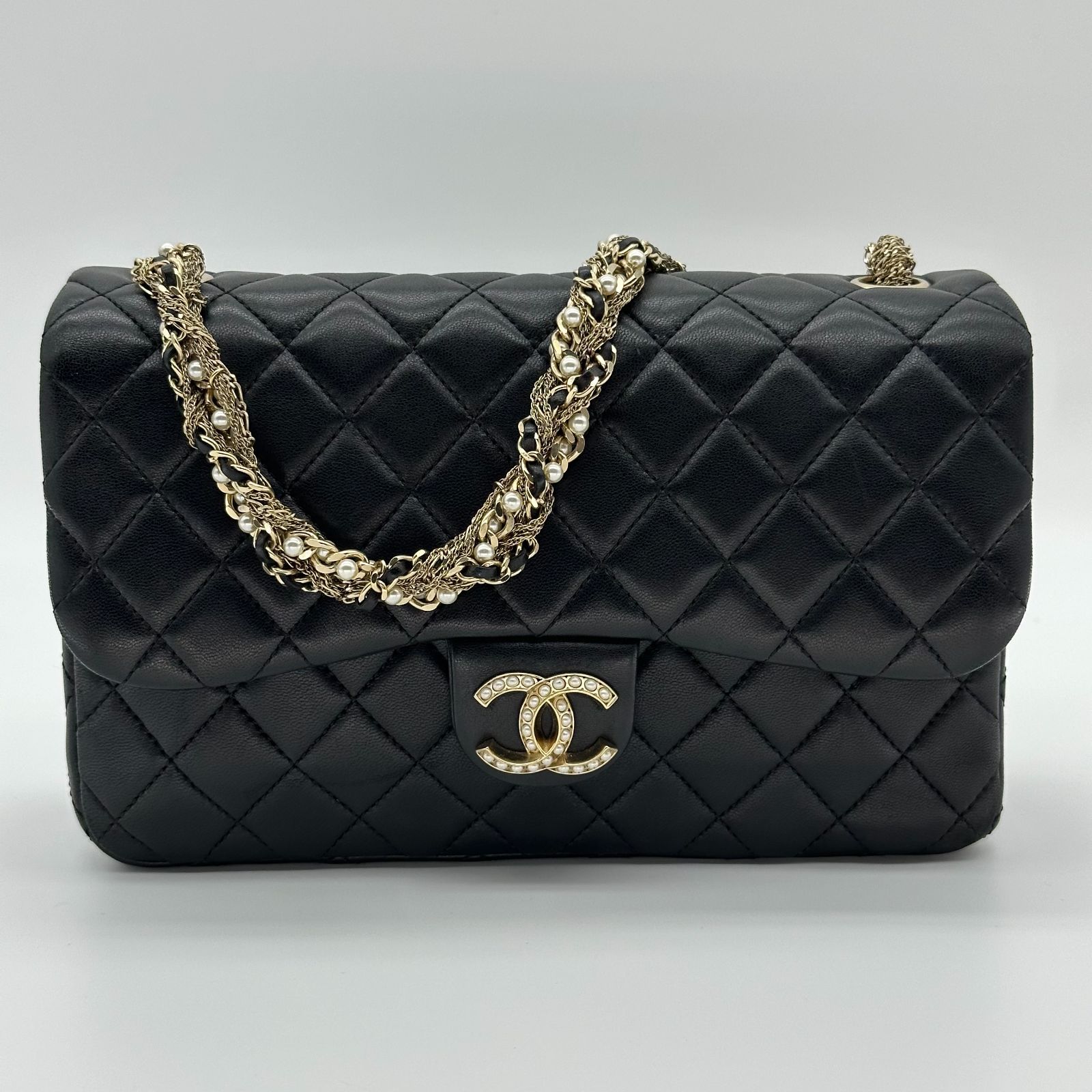 CHANEL シャネル ウエストミニスター 25 マトラッセ ラムスキン フェイクパールチェーン ワンショルダーバッグ ブラック × ゴールド × ホワイト レディース 【中古】 336,600円