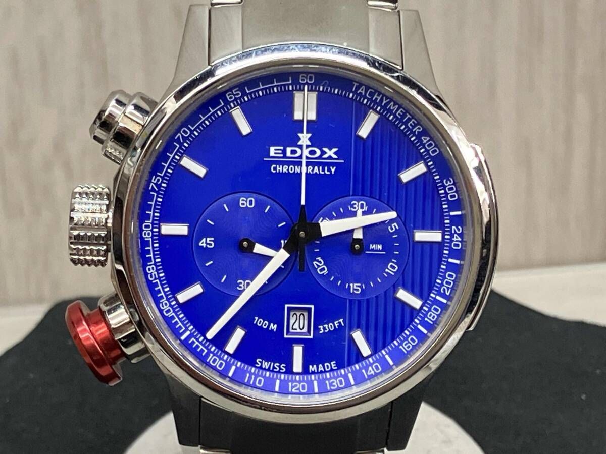 EDOX ／ CHRONORALLY 10302 青文字盤 クォーツ ケースサイズ 4.5cm ベルト長さ 18cm 裏蓋ラバー加水分解あり