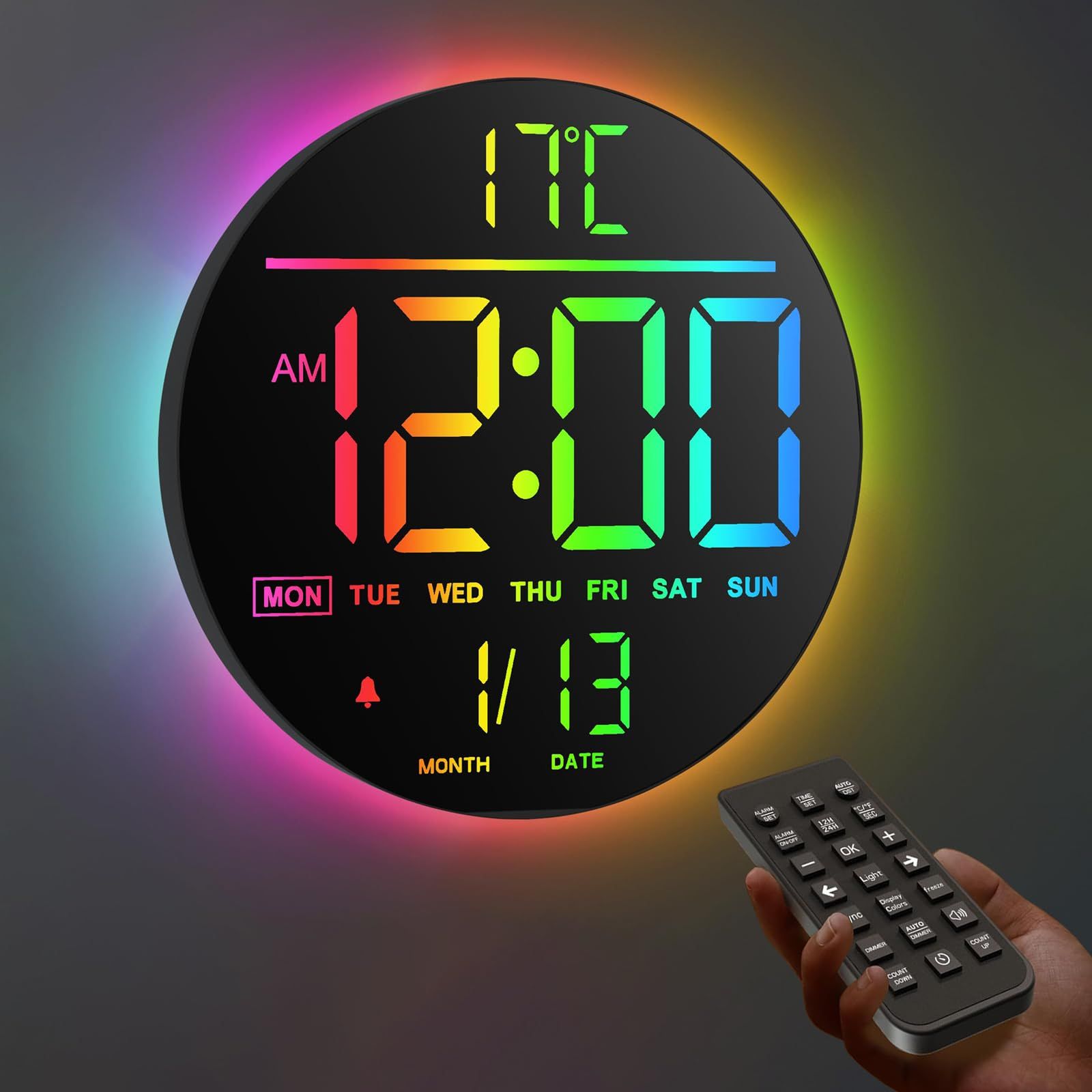 HUO JI デジタル時計 壁掛け LED 直径25cm 大型 11色文字表示 RGBカラー ライト付き 秒/日付/温度/曜日/時刻表示 音量・明るさ調節 アラーム タイマー機能 12H/24H切替 リモコン付き USB給電 オフィス・リビング・寝室 国内発送