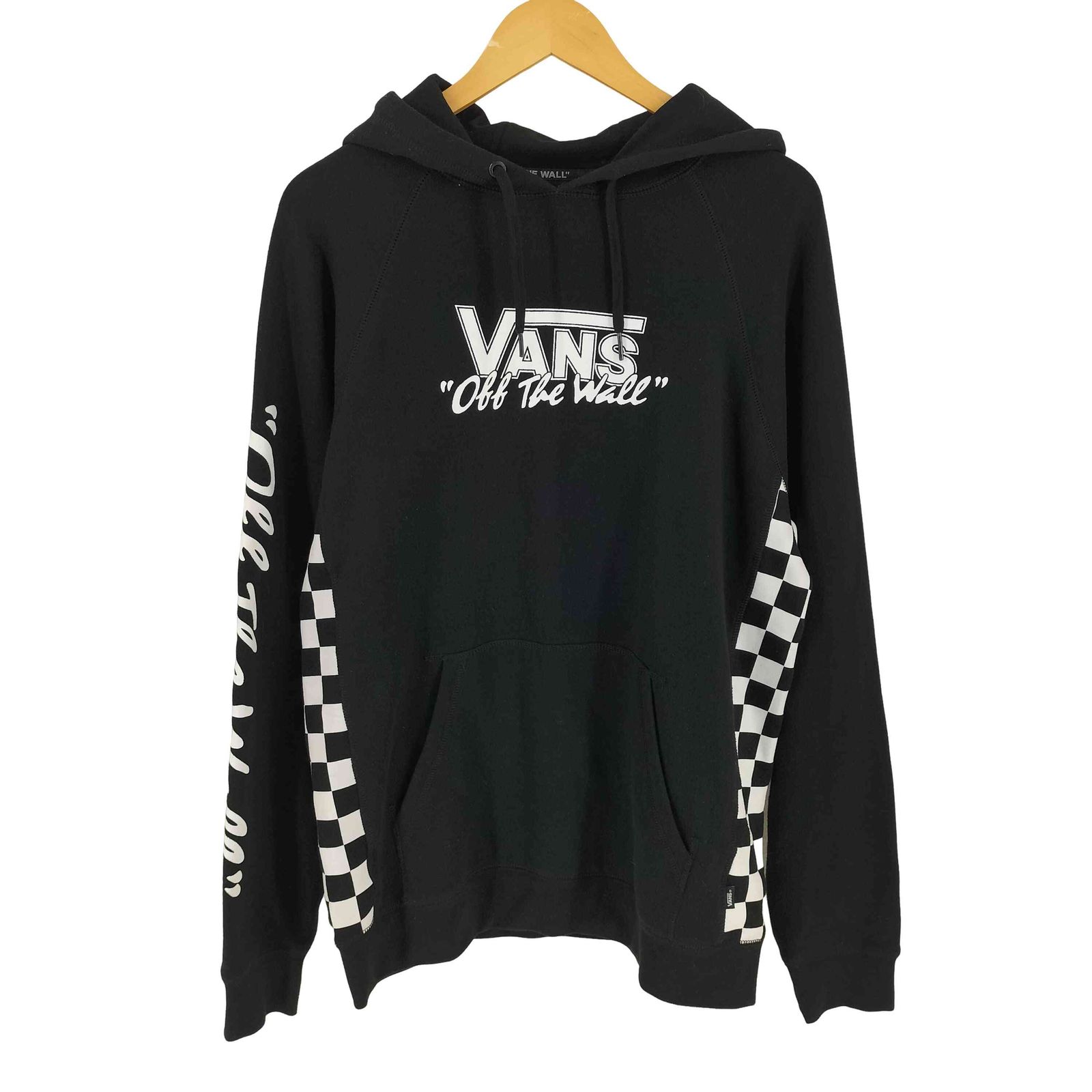 VANSチェッカーフラッグ×センターロゴ×でかロゴ ブラックスウェットパーカー バンズ VANS サイド チェッカーフラッグ ロゴプリント プルオーバー