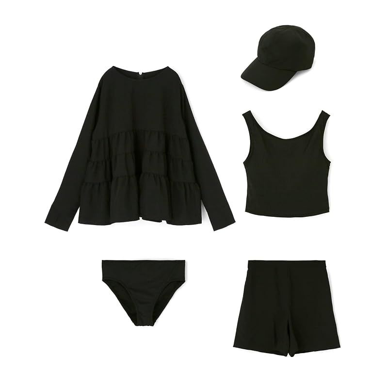 【新品】 San-ai Resort(三愛水着楽園) WEB限定5点セット キャップ付きUVカットタンキニ+ティアードラッシュセット水着【BeachQueen（ビーチクイーン）】 54-37-4-3710-393710 ブラック 11L