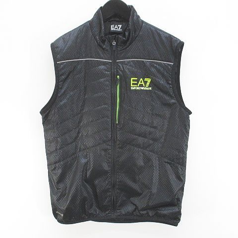 エンポリオアルマーニ EMPORIO ARMANI パデットベスト ノースリーブ ジャケット 中綿 M 黒系 ブラック ジップアップ ロゴ 文字 プリント 裏地