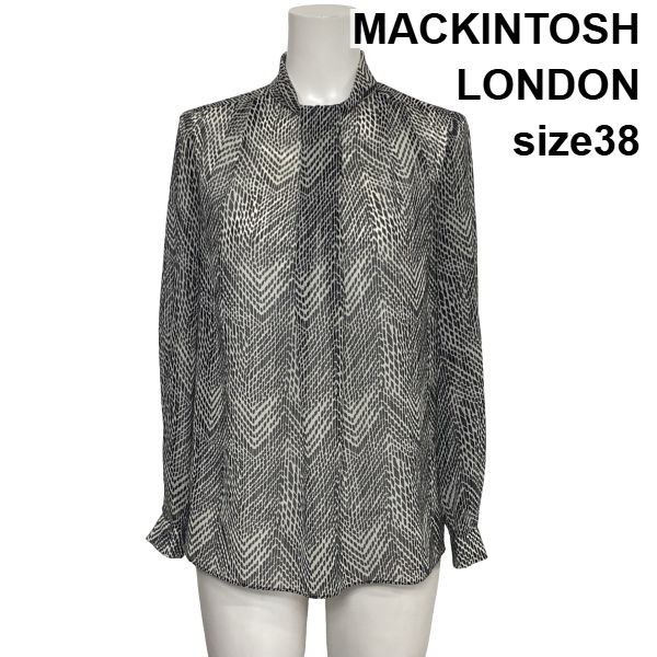 ◆ マッキントッシュロンドン MACKINTOSH シアーブラウス シャツ 長袖 幾何学模様 総柄 ボウタイ風 白 黒 38 M 9号 レディース S6H868