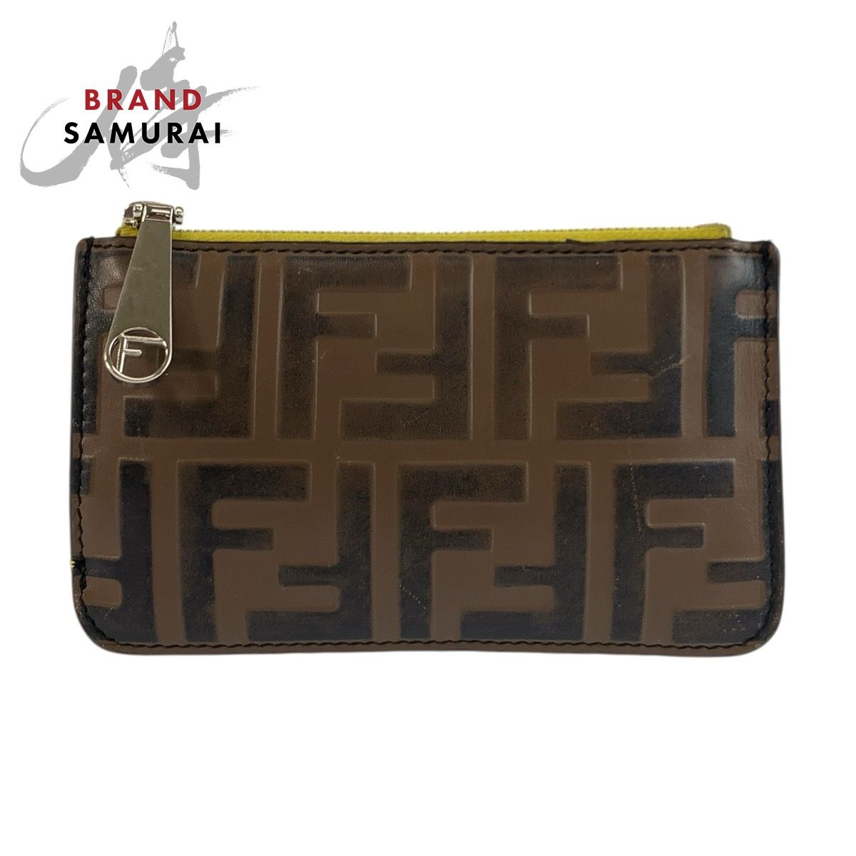 FENDI フェンディ ズッカ ブラウン イエロー シルバー金具 レザー 8AP161 コインケース フラグメントケース レディース 603473【中古】