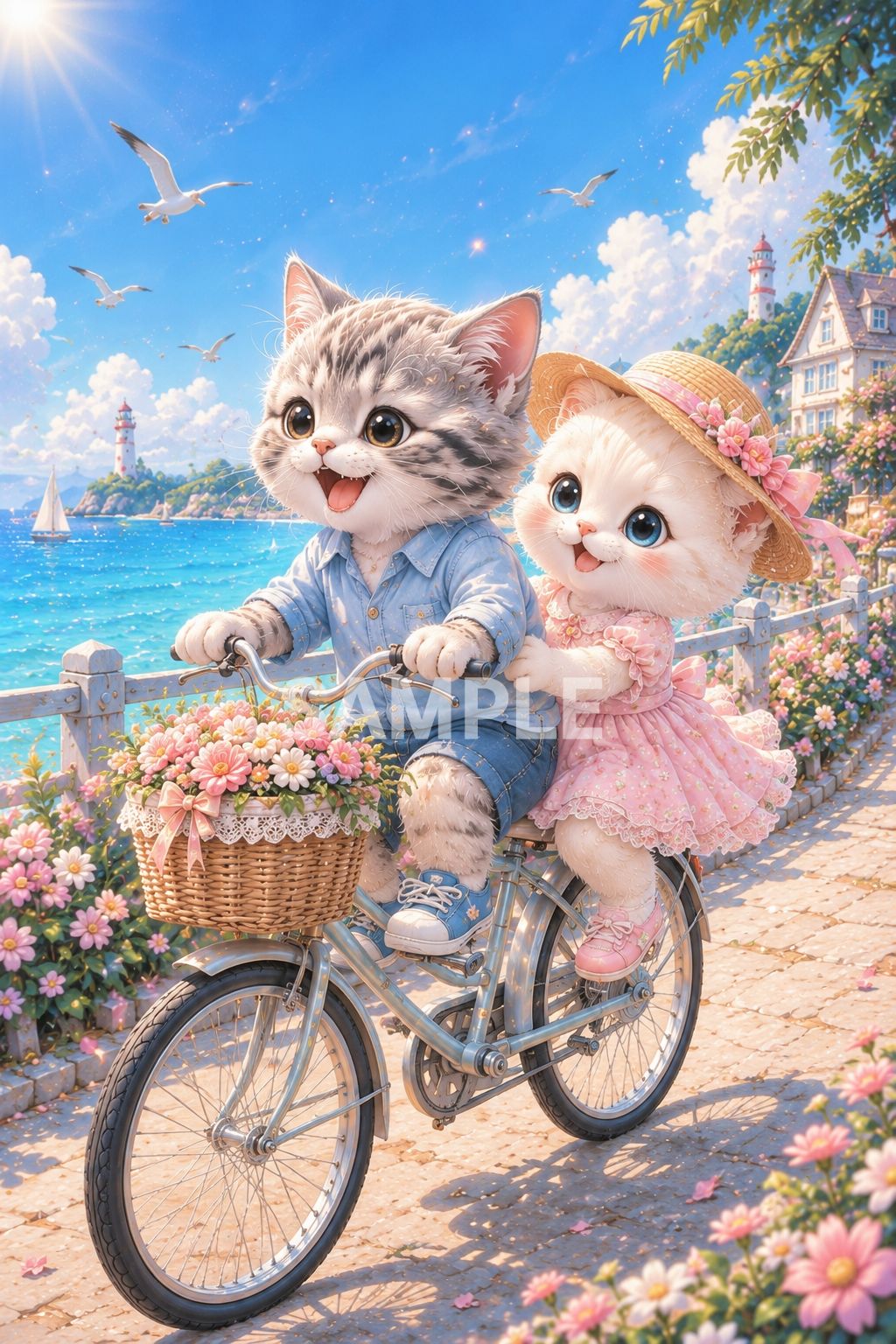 744 【2Lサイズ】海辺を走る自転車 子猫カップル 癒しアート
