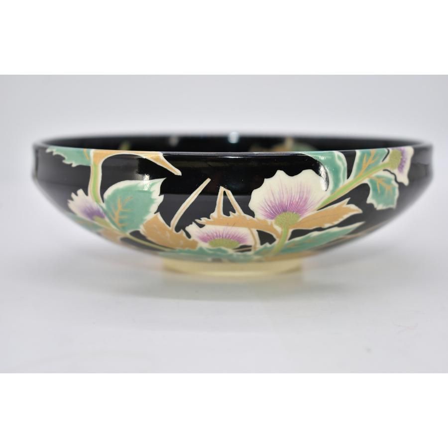 茶道具 抹茶茶碗 黒地 アザミ絵 平茶碗 英香 作 紙箱 茶道 tz18-102