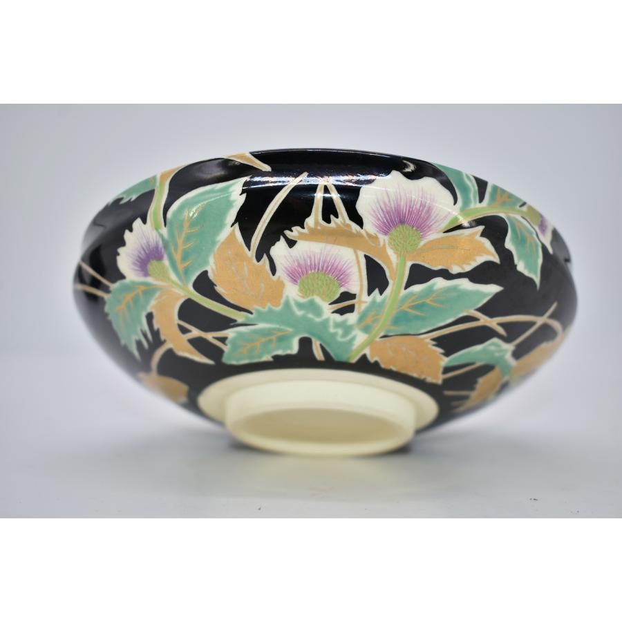 茶道具 抹茶茶碗 黒地 アザミ絵 平茶碗 英香 作 紙箱 茶道 tz18-102