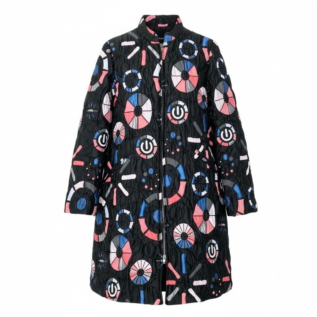 89g20 EMPORIO ARMANI エンポリオアルマーニ フルジップ キルティングコート 総柄 中綿 サイズ38 ブラック レディースu02t
