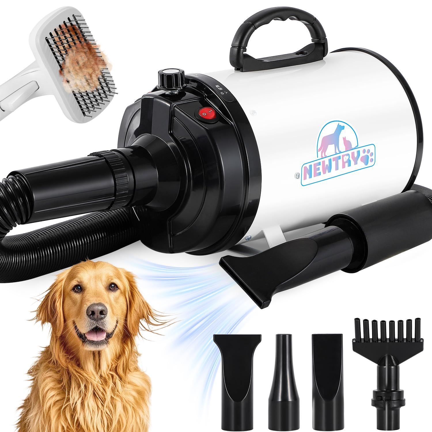 NEWTRY ペットドライヤー 犬用 ペット用 ドライヤー ブロワー 送風機 無段階速度制御 3つのノズル付き ブラシ付き 風速、温度調整可能 大風量 騒音低減 100V 50Hz/60Hz 650-1800W(白)t