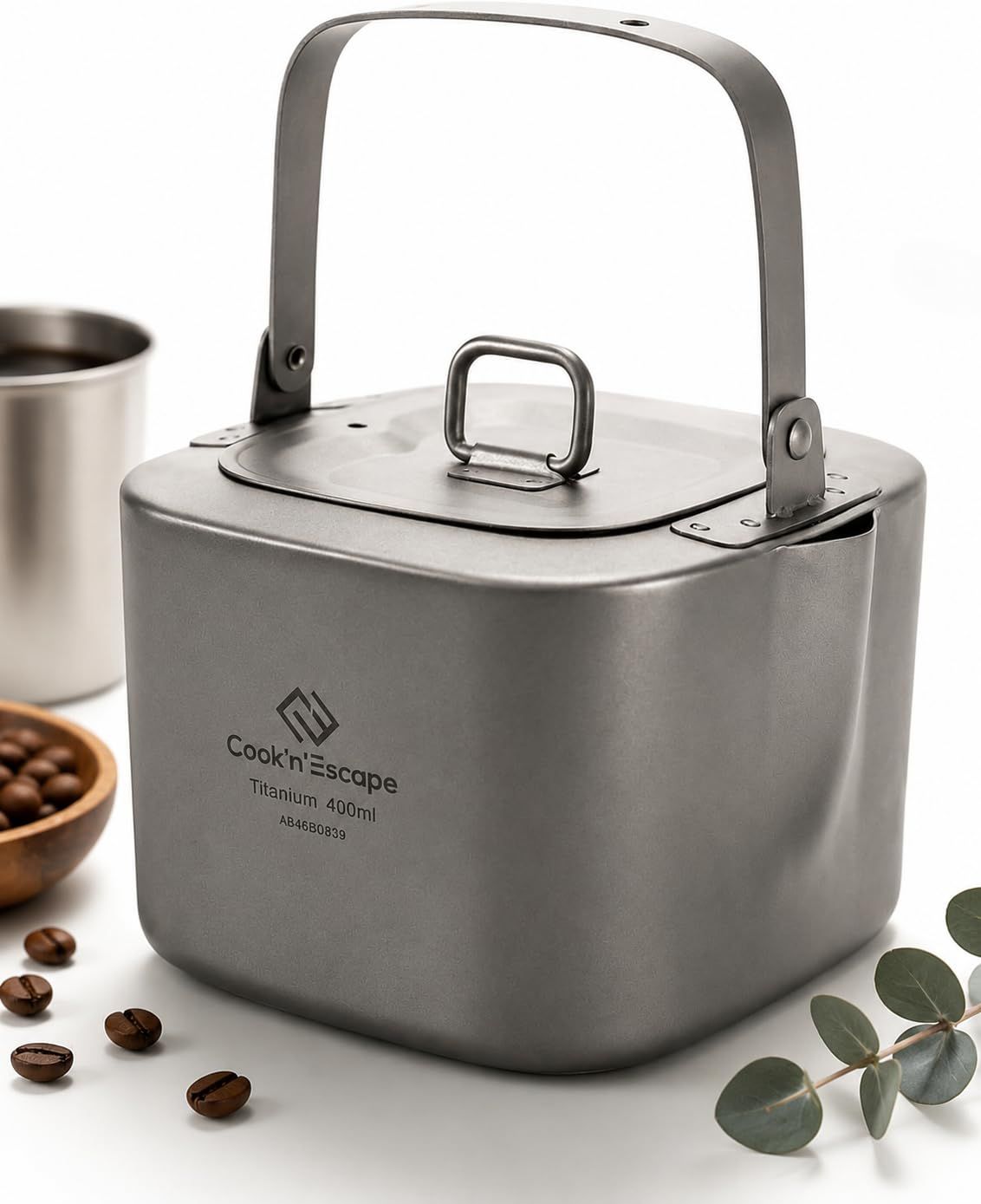 COOK'N'ESCAPE チタン ケトル 角型 400ml 軽量180g 無塗装 折り畳みハンドル 直火/IH対応 クッカー収納可 チタン製やかん ミニケトル 夜間 湯沸かし キャンプ アウトドア 登山 防災 kettle titanium 988530e4