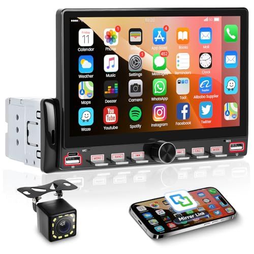 Hodozzy 1DINカーステレオ（Bluetooth対応）、7インチタッチスクリーンカーラジオ（1 DIN）、FM、MirrorLink、EQ、動画共有、USB/Type-C、SWC、カラーバックライト、USBメモリ/AUX対応、バックカメラ対応★m
