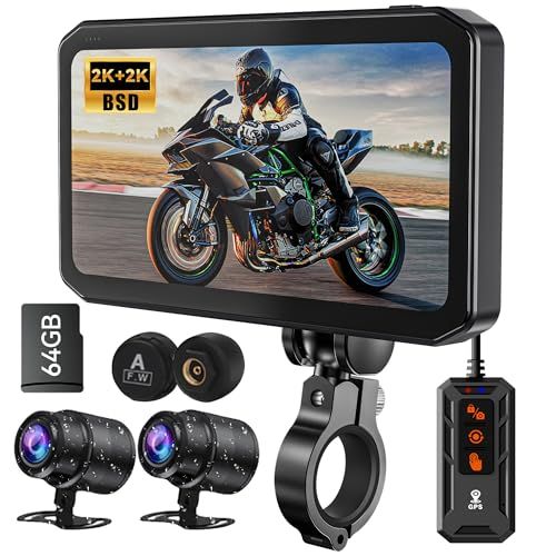 【2.0アップグレード版・ナビ・Carplay・ドラレコ・カーオーディオの1台4役】 バイク用ドライブレコーダー【GPS内蔵・自動感光センサー・前後2K・BSD・防犯用金属ブラケット】Carplay/AndroidAuto TMPS IP67防水 USB ★m