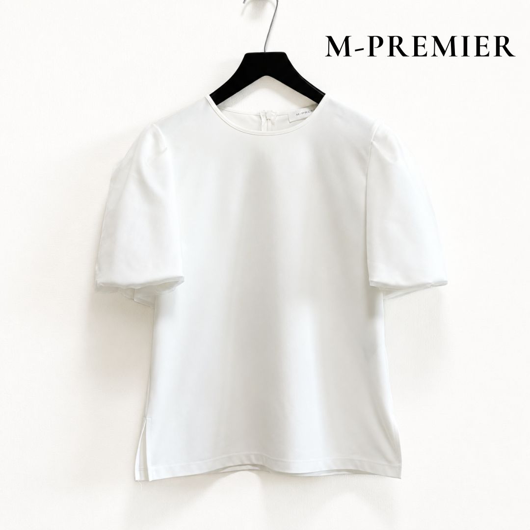 M-PREMIER エムプルミエ オーガンジーパフスリーブカットソー 半袖 異素材切替 ホワイト 38 日本製 A108