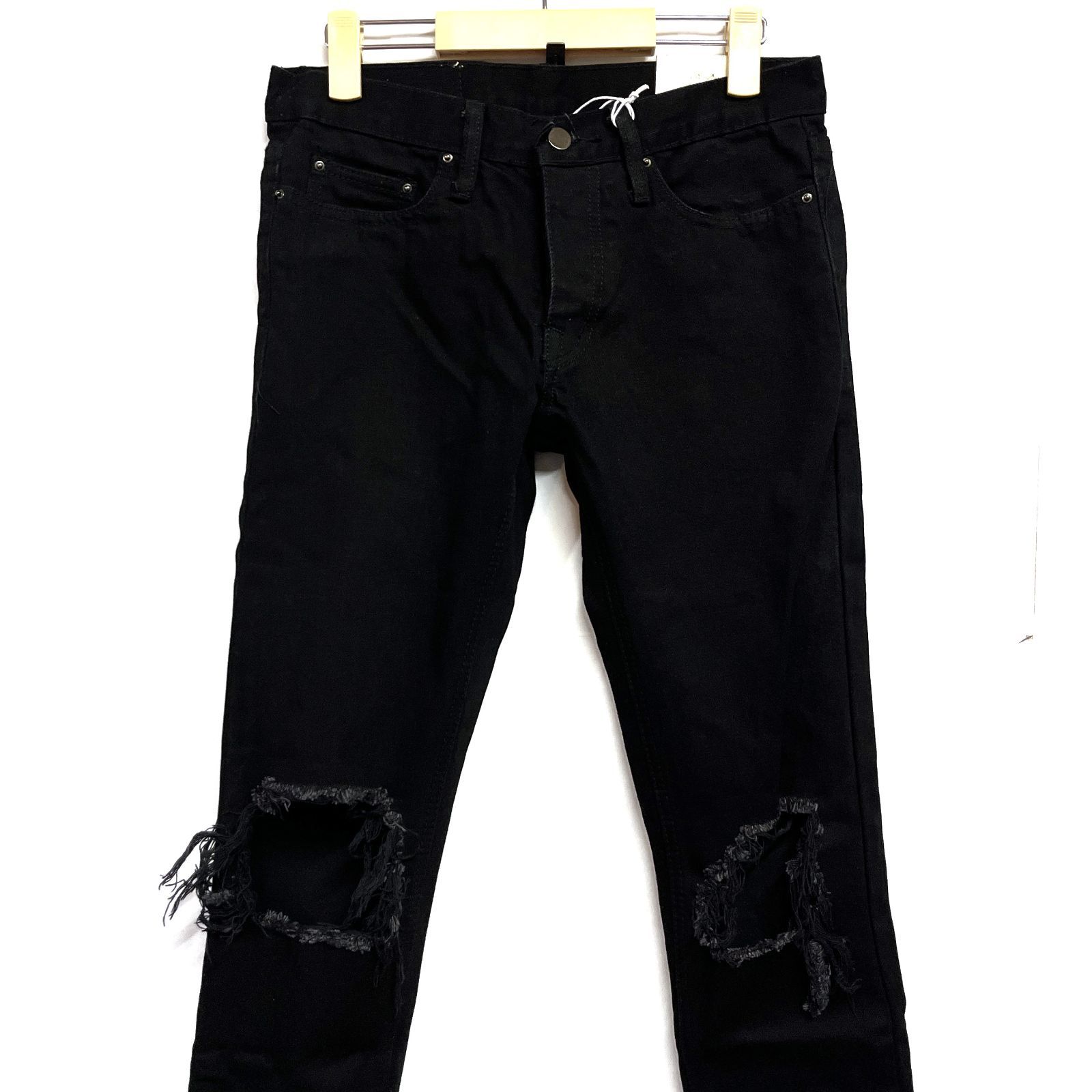 mnml ブラック スキニーデニム ダメージ加工 mnml｜ミニマル m1 Stretch Denim ダメージ加工 裾ジップ スキニー