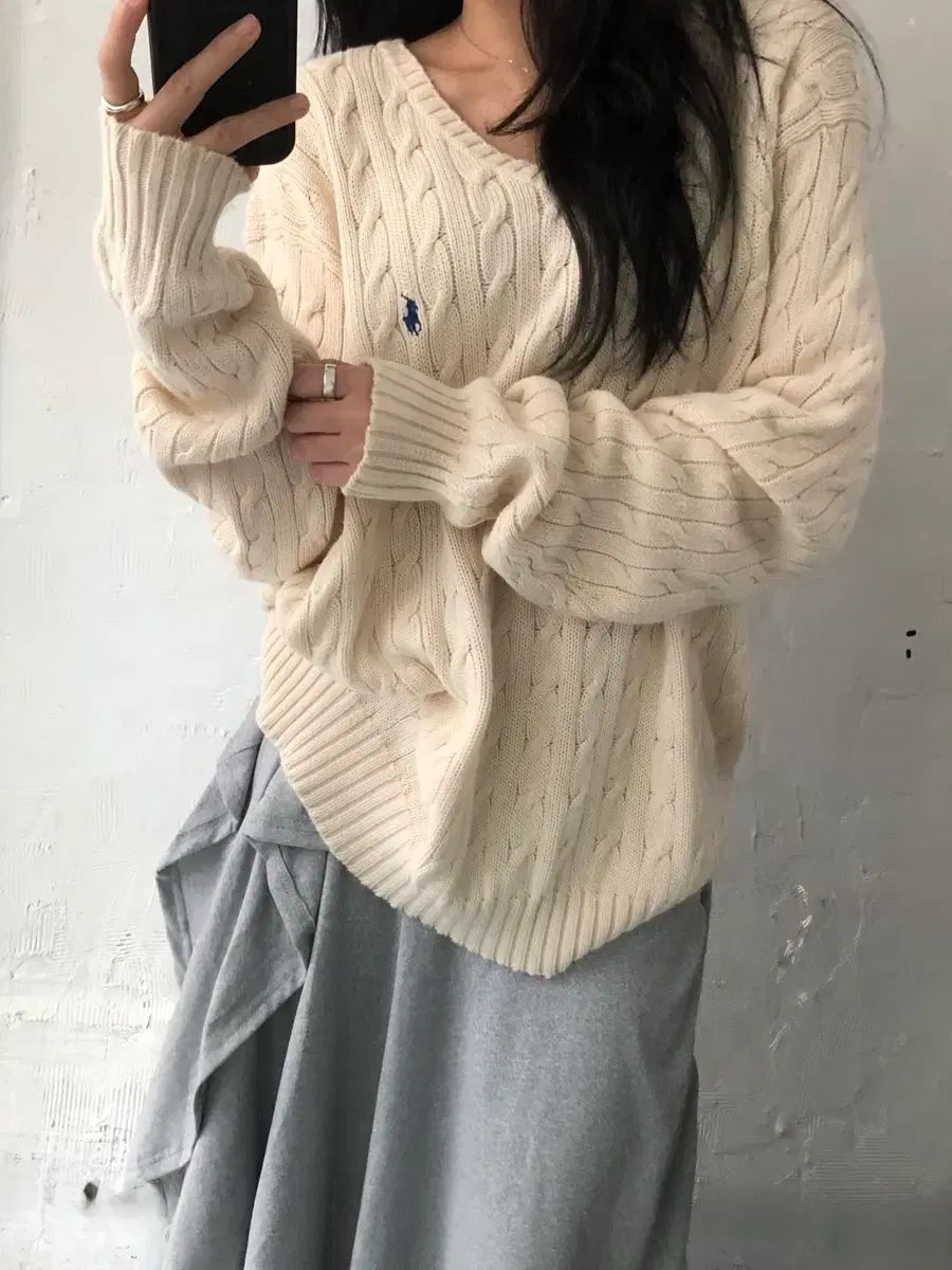 Polo ポロ ラルフローレン アイボリー COLOR ケーブル Vネック ニット