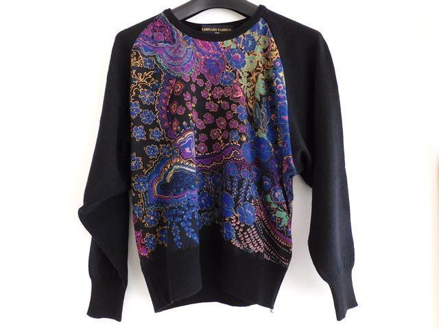 24 レオナール LEONARD ヴィンテージ セーター ■ ウール×シルク ブラック×パープル×ネイビー フラワー 花柄 レディース □8G