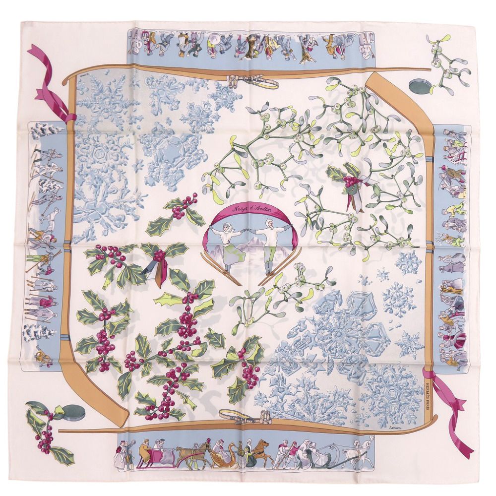 新品同様 エルメス カレ90 Neige d’ Antan 去年の雪 シルク ホワイト スカーフ 0393 HERMES