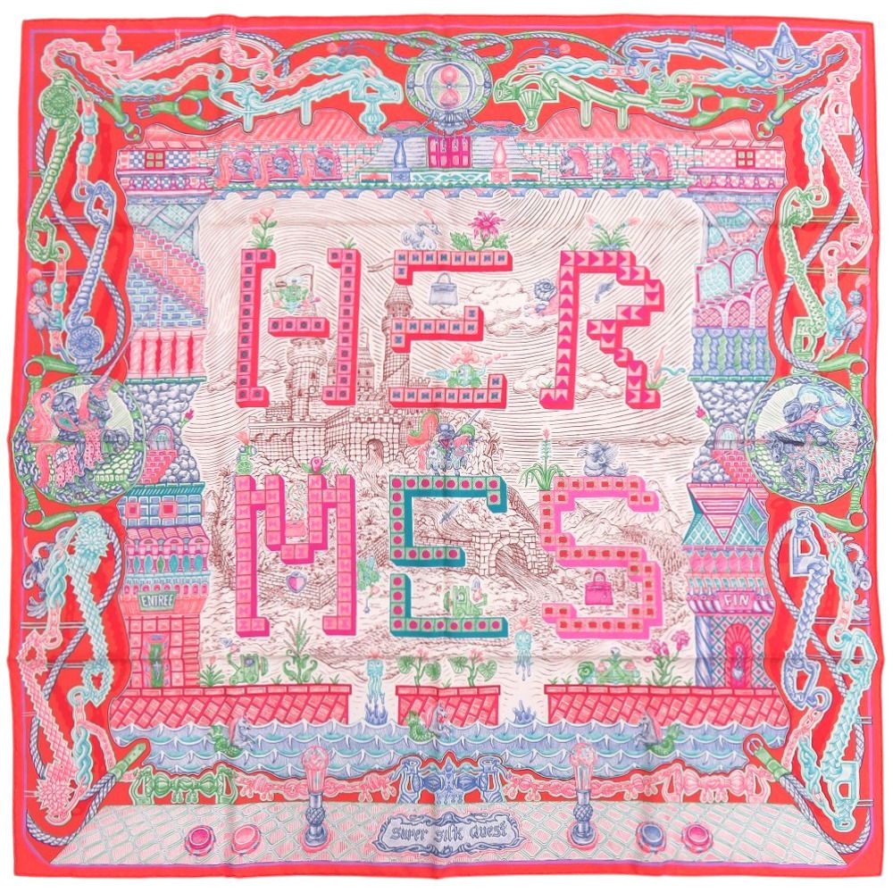 美品 エルメス カレ90 Super Silk Quest スーパー シルク クエスト シルク レッド スカーフ 赤 0379 HERMES