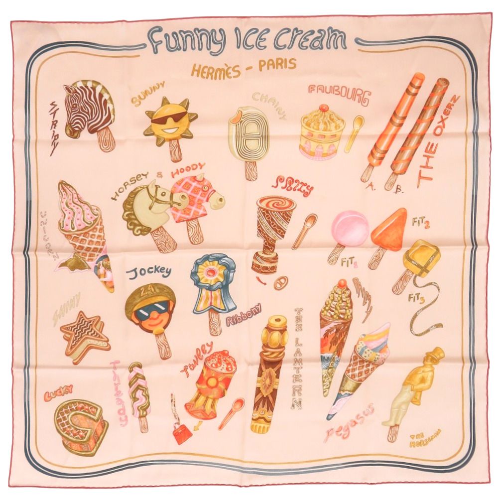 新品同様 エルメス カレ70 FUNNY ICE CREAM ファニー アイスクリーム シルク ベージュ ストール 0466 HERMES