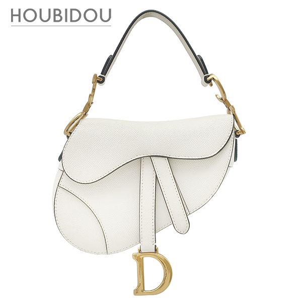 クリスチャン・ディオール Christian Dior ショルダーバッグ サドルバッグ スモール グレインカーフレザー ホワイト ゴールド金具 白 【保存袋】【中古】