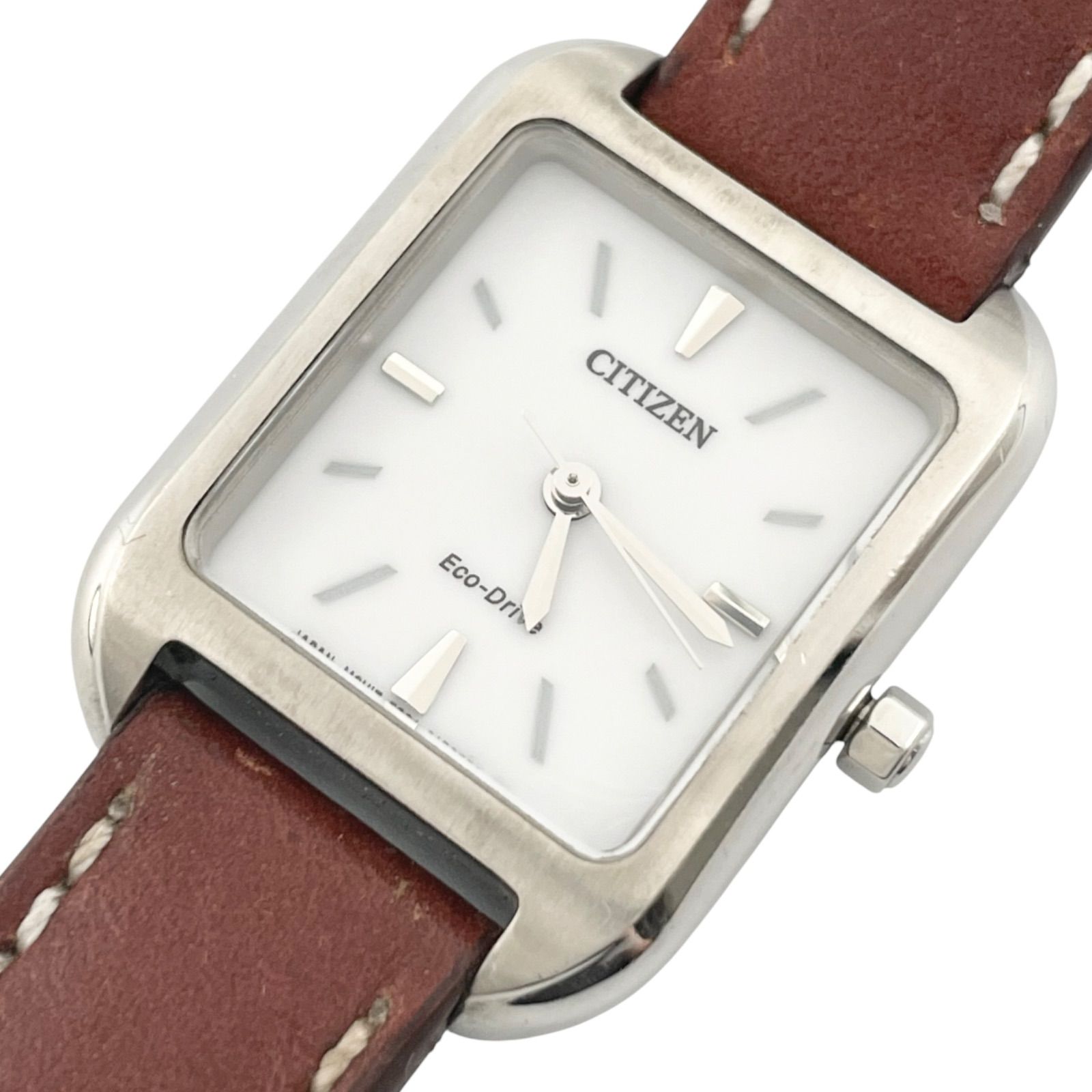 稼働/希少　CITIZEN　シチズン　腕時計　ソーラー　エコドライブ　E301-108756　EM0490-08A 　ホワイト文字盤　ブラウン　アナログ　スクエア　3針　レザーバンド　【m40】